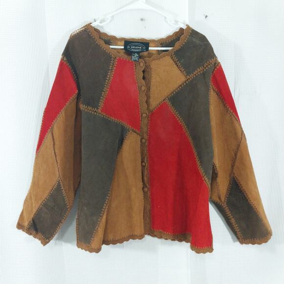 SELENE! GENUINE SUEDE LEATHER! RED, AMBER & BROWN PATCHWORK SKIRT SET! SZ 2X - Picture 4 of 12